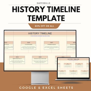May include: A digital history timeline template shown on a computer monitor and laptop screen. The template has a beige background with a timeline layout, and the text "HISTORY TIMELINE TEMPLATE" is displayed at the top. The text "60% OFF ON ALL" is also visible.