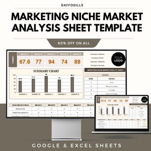 May include: A digital marketing niche market analysis sheet template on a computer monitor and laptop. The template includes charts, data tables, and the text "MARKETING NICHE MARKET ANALYSIS SHEET TEMPLATE". The image also includes the text "GOOGLE & EXCEL SHEETS".