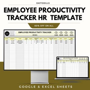 May include: An employee productivity tracker HR template displayed on a computer monitor and laptop. The template includes data fields for employee information, project details, and performance metrics. The image also includes the text "60% OFF ON ALL" and "GOOGLE & EXCEL SHEETS."
