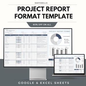 May include: A digital project report format template displayed on a computer monitor and laptop. The template includes charts, graphs, and data fields. The text on the image reads "PROJECT REPORT FORMAT TEMPLATE" and "60% OFF ON ALL".