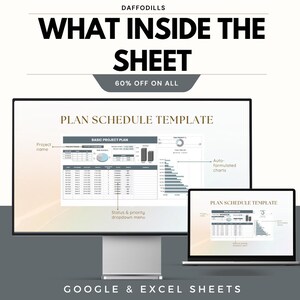 Op de afbeelding: Advertentie voor een digitaal product met een computermonitor en laptop met een projectplanschema-sjabloon. De tekst "WHAT INSIDE THE SHEET" en "60% OFF ON ALL" zijn zichtbaar. Compatibel met Google & Excel Sheets.
