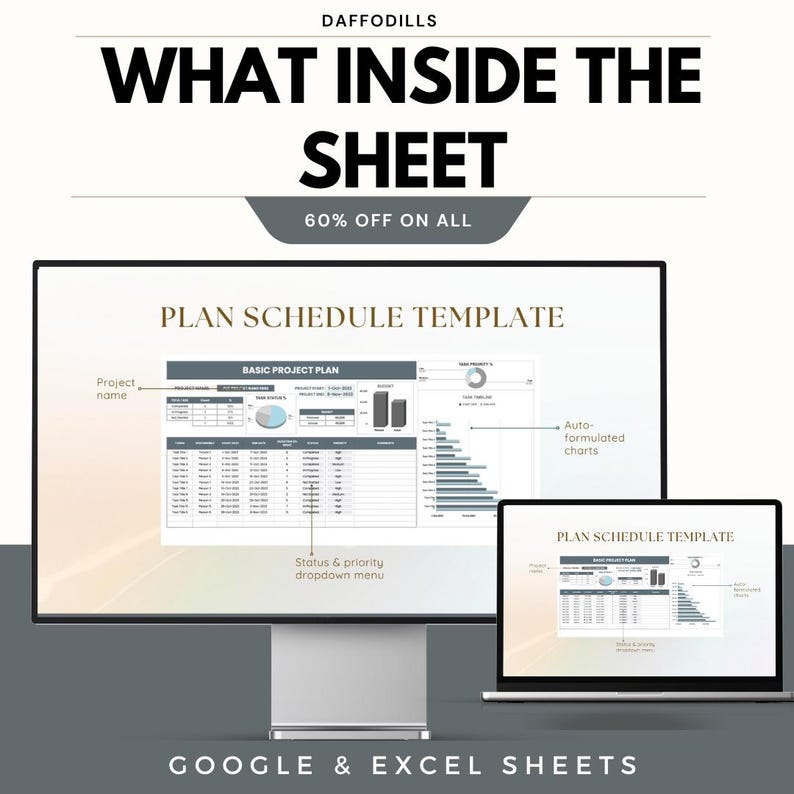 Op de afbeelding: Advertentie voor een digitaal product met een computermonitor en laptop met een projectplanschema-sjabloon. De tekst "WHAT INSIDE THE SHEET" en "60% OFF ON ALL" zijn zichtbaar. Compatibel met Google & Excel Sheets.