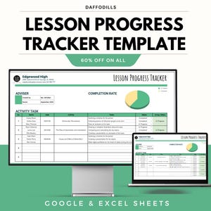 May include: A digital lesson progress tracker template displayed on a computer monitor and a laptop. The template includes sections for activity tasks, completion rates, and advisor information. The text "LESSON PROGRESS TRACKER TEMPLATE" is prominently displayed.