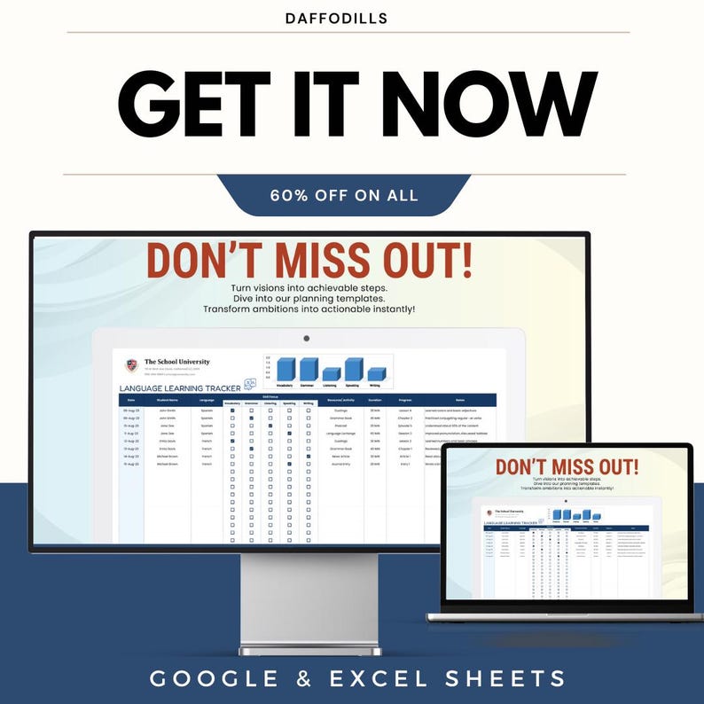 Op de afbeelding: Een promotieafbeelding voor Daffodils met een desktopcomputer en een laptop met een taalleertracker. De tekst "GET IT NOW", "DON'T MISS OUT!", "60% OFF ON ALL" en "GOOGLE & EXCEL SHEETS" is prominent aanwezig.