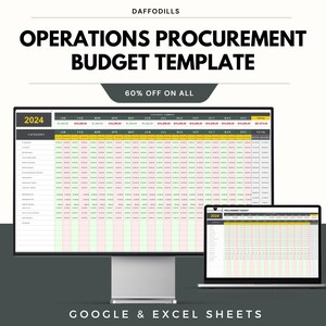 May include: A computer monitor and laptop display a budget template. The text "OPERATIONS PROCUREMENT BUDGET TEMPLATE" is at the top. The image also includes the text "60% OFF ON ALL" and "GOOGLE & EXCEL SHEETS".