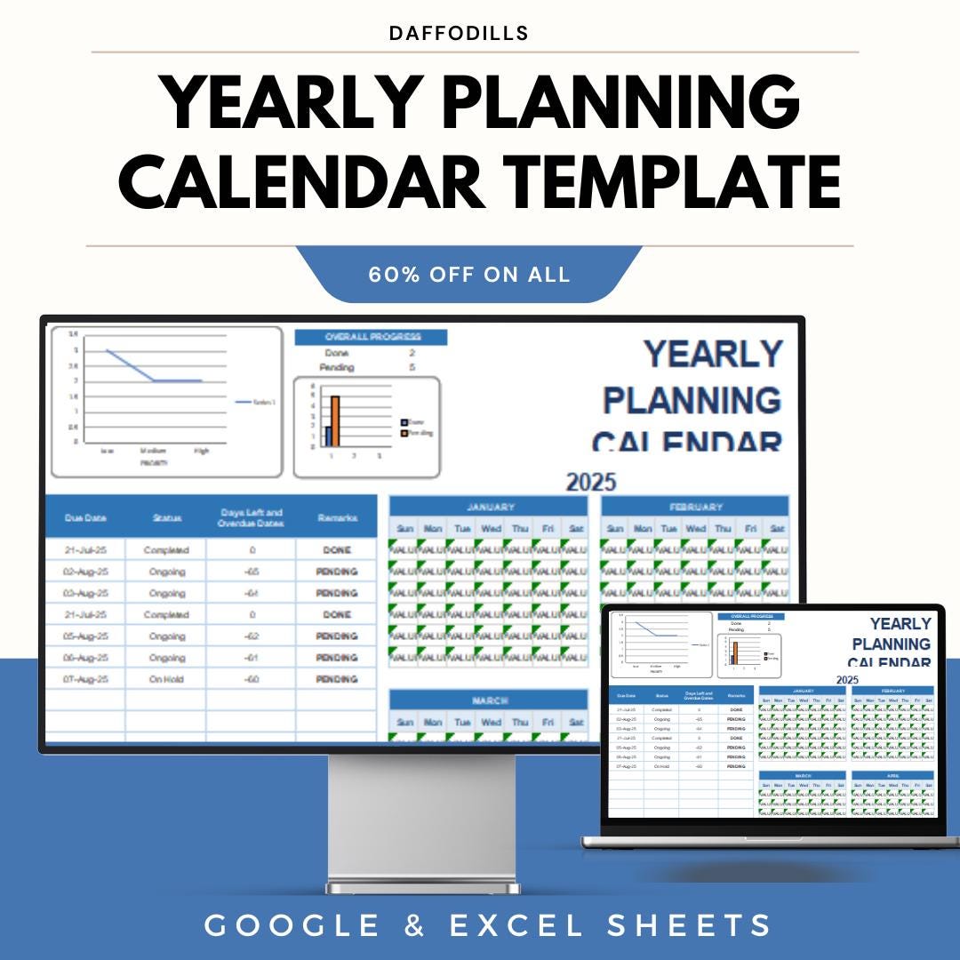 Yearly Planning Calendar Template, Annual Calendar Excel, Google Sheets ...