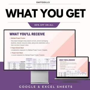 Peut inclure: Image promotionnelle pour des outils de gestion de projet. Le texte indique &laquo;&nbsp;CE QUE VOUS OBTENEZ&nbsp;&raquo; et &laquo;&nbsp;CE QUE VOUS RECEVREZ&nbsp;&raquo;, avec une promotion de 60&nbsp;%. L'image montre un &eacute;cran d'ordinateur et un ordinateur portable affichant des mod&egrave;les de gestion de projet.