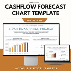 May include: A computer monitor and laptop display a cashflow forecast chart template for a space exploration project. The chart includes exploration costs and research funds, with the text "60% OFF ON ALL" at the top.
