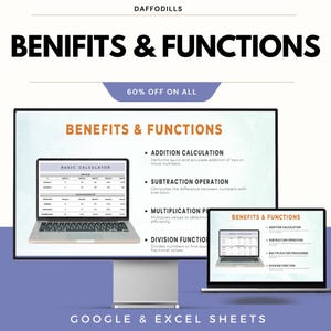 May include: A digital graphic with the text "BENIFITS & FUNCTIONS" and "60% OFF ON ALL". The image displays two laptops and a monitor showing the benefits of Google & Excel Sheets, including addition, subtraction, multiplication, and division calculations.