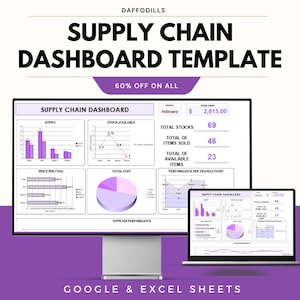 以下が含まれることがあります： コンピューターモニターとラップトップに表示されたデジタルサプライチェーンダッシュボードテンプレート。テンプレートには、総在庫、販売されたアイテム、サプライヤーのパフォーマンスなどのデータを表示するチャートとグラフが含まれています。「SUPPLY CHAIN DASHBOARD TEMPLATE」というテキストが表示されています。