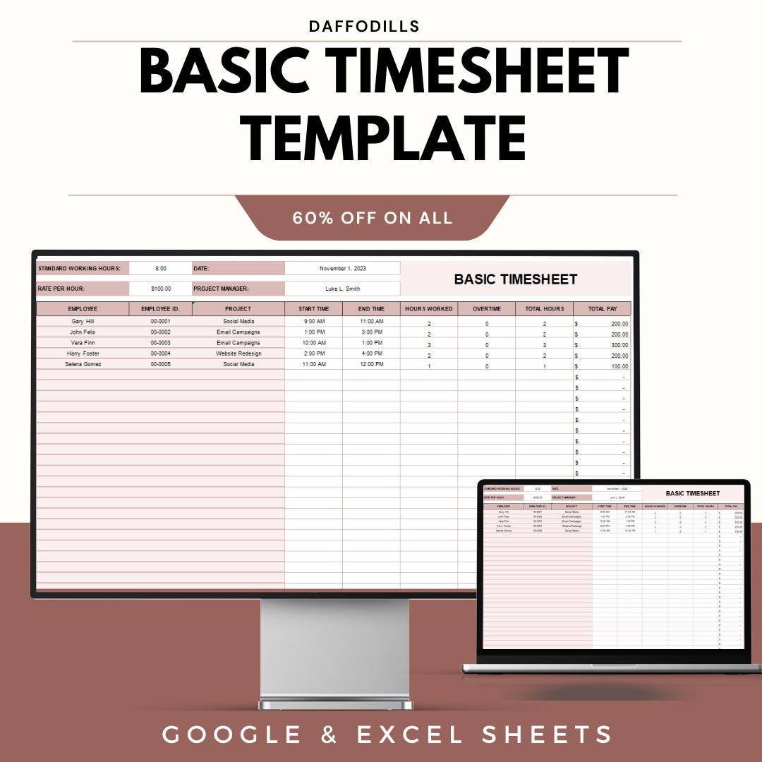 Base Timesheet Basic Timesheet Template, Employee Time Tracker, Work Hours Log, Weekly ...