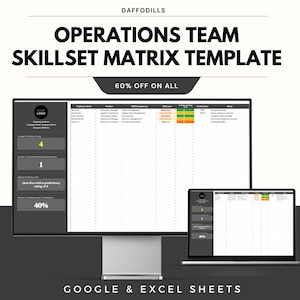 May include: A digital template for an Operations Team Skillset Matrix, displayed on a desktop monitor and a laptop. The template includes sections for employee names, positions, and skill levels. Text on the image includes "DAFFODILLS", "OPERATIONS TEAM SKILLSET MATRIX TEMPLATE", and "60% OFF ON ALL".