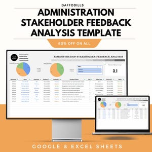 Może przedstawiać: Monitor komputera i laptop wyświetlające szablon analizy informacji zwrotnej od interesariuszy. Szablon zawiera wykresy, tabele danych i tekst "Administration Stakeholder Feedback Analysis Template". Obraz zawiera również tekst "60% off on all" i "Google & Excel Sheets."