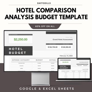 May include: A computer monitor and laptop display a hotel budget template. The text reads "HOTEL COMPARISON ANALYSIS BUDGET TEMPLATE" and "HOTEL BUDGET". The template includes expense categories, budget, and actual figures. The image also includes the text "GOOGLE & EXCEL SHEETS".