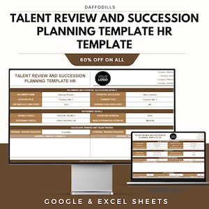 May include: A digital template for talent review and succession planning, shown on a computer monitor and laptop. The template includes sections for incumbent details, retirement details, and training requirements. The text reads "TALENT REVIEW AND SUCCESSION PLANNING TEMPLATE HR TEMPLATE".