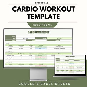 May include: A digital cardio workout template displayed on a computer monitor and laptop. The template includes sections for goals, warm-up exercises, strength training, and cardio training. The text "CARDIO WORKOUT TEMPLATE" is prominently displayed.