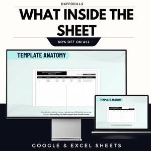 May include: An advertisement for a digital product showing a desktop computer and a laptop displaying a project dependency tracker template. The text reads "WHAT INSIDE THE SHEET" and "TEMPLATE ANATOMY". The ad also mentions "GOOGLE & EXCEL SHEETS" and a 60% discount.