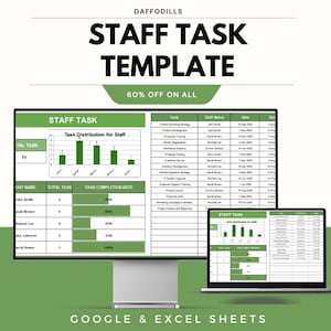 May include: A digital display and laptop screen showcasing a "Staff Task Template" spreadsheet. The template includes charts, task distribution data, and staff completion rates. The image also displays the text "60% OFF ON ALL" and "GOOGLE & EXCEL SHEETS".