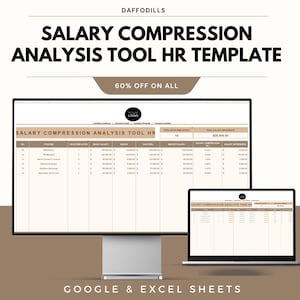 Puede incluir: Un monitor de computadora y una computadora portátil muestran una plantilla de herramienta de análisis de compresión salarial de RR. HH. El texto en la pantalla dice "Salary Compression Analysis Tool HR Template" y "60% Off On All". La plantilla es para Google & Excel Sheets.