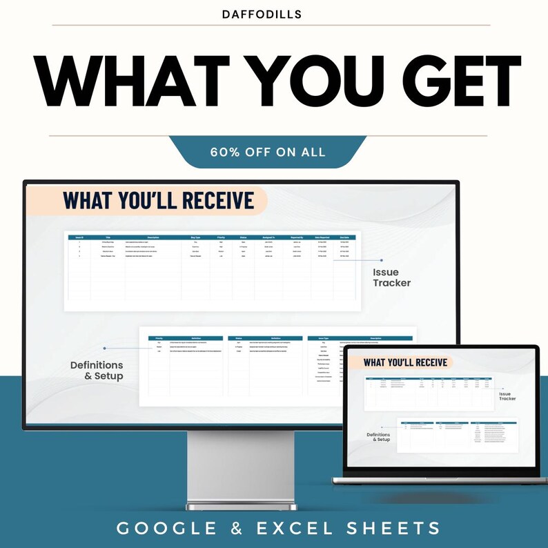 Pode incluir: Imagem de um monitor de computador e laptop exibindo planilhas com o texto "WHAT YOU GET" e "WHAT YOU'LL RECEIVE". A imagem tamb&eacute;m inclui o texto "60% OFF ON ALL" e "GOOGLE & EXCEL SHEETS".