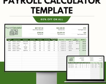 Plantilla de calculadora de nóminas / Seguimiento de salarios y horas extras de empleados / Gestión de nóminas en Excel y Hojas de cálculo de Google
