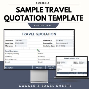 May include: A digital travel quotation template displayed on a computer monitor and laptop. The template includes fields for destination, travel date, and traveler count. The text "SAMPLE TRAVEL QUOTATION TEMPLATE" is at the top, with "60% OFF ON ALL" below it.