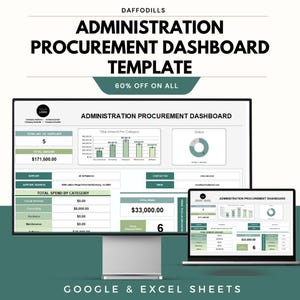 May include: A digital dashboard template for administration and procurement, shown on a computer monitor and laptop. The template includes charts, graphs, and data tables. The text on the screen reads "Administration Procurement Dashboard Template" and "60% Off On All".