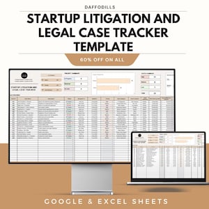 Puede incluir: Una plantilla digital para el seguimiento de litigios de startups y casos legales, que se muestra en un monitor de computadora y una computadora portátil. La plantilla incluye secciones para información del caso, resúmenes de prioridad y actualizaciones de estado. El texto "60% OFF ON ALL" también es visible.