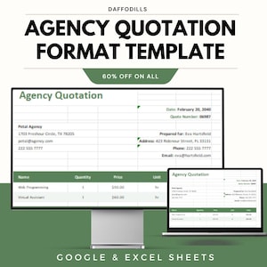 Könnte beinhalten: Eine digitale Vorlage für ein Agenturangebot, die auf einem Computermonitor und einem Laptop angezeigt wird. Die Vorlage enthält Felder für Agenturdetails, Kundeninformationen und Servicepreise. Der Text lautet "AGENCY QUOTATION FORMAT TEMPLATE" und "60% OFF ON ALL".