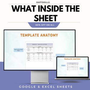 May include: A computer monitor and laptop displaying spreadsheet templates. The text on the screen reads "TEMPLATE ANATOMY" and "BASIC CALCULATOR". The image also includes the text "WHAT INSIDE THE SHEET" and "GOOGLE & EXCEL SHEETS".