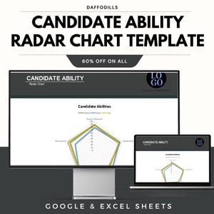 May include: A computer monitor and laptop display a "Candidate Ability Radar Chart Template." The template includes a radar chart with data visualization. The image also includes the text "60% OFF ON ALL" and "GOOGLE & EXCEL SHEETS."