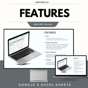 May include: A digital graphic with the word "FEATURES" in bold black letters. The image shows a computer monitor and a laptop displaying a document with bullet points. The text reads "60% OFF ON ALL" and "GOOGLE & EXCEL SHEETS".