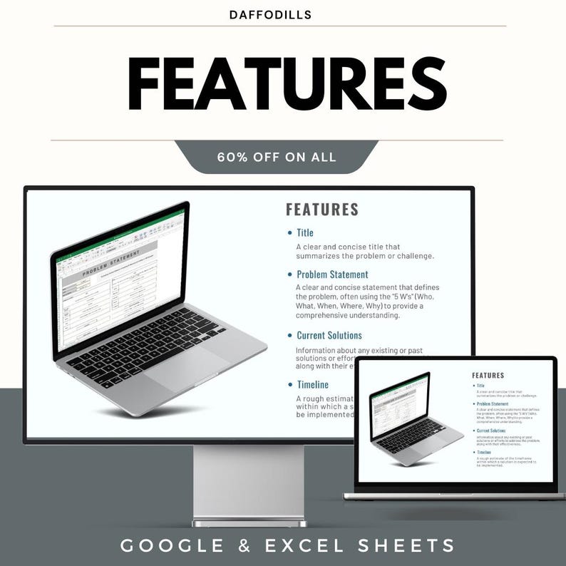 May include: A digital graphic with the word "FEATURES" in bold black letters. The image shows a computer monitor and a laptop displaying a document with bullet points. The text reads "60% OFF ON ALL" and "GOOGLE & EXCEL SHEETS".