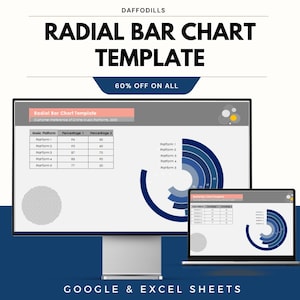 May include: A digital graphic design featuring a radial bar chart template. The design includes a desktop computer and a laptop displaying the chart. The text reads "RADIAL BAR CHART TEMPLATE" and "60% OFF ON ALL". The design is for Google & Excel Sheets.