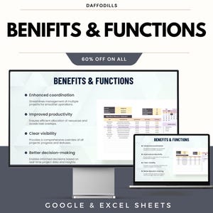 May include: A promotional image for Daffodils, featuring a desktop computer and a laptop displaying "BENEFITS & FUNCTIONS." The image highlights enhanced coordination, improved productivity, clear visibility, and better decision-making. Text at the bottom reads "GOOGLE & EXCEL SHEETS."