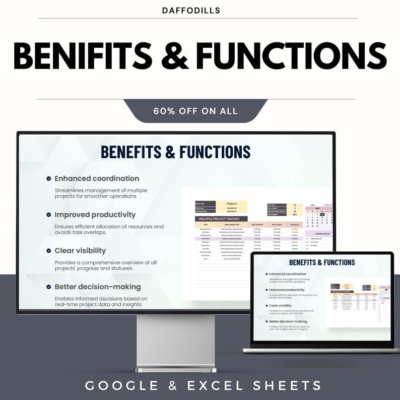 May include: A promotional image for Daffodils, featuring a desktop computer and a laptop displaying "BENEFITS & FUNCTIONS." The image highlights enhanced coordination, improved productivity, clear visibility, and better decision-making. Text at the bottom reads "GOOGLE & EXCEL SHEETS."