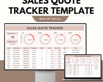 May include: A digital sales quote tracker template displayed on a desktop monitor and a laptop. The template shows sales data, including customer count, total sales amount, and status overview with percentages. The text "SALES QUOTE TRACKER TEMPLATE" is at the top.