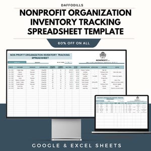 May include: A computer monitor and laptop displaying a spreadsheet template for nonprofit inventory tracking. The template includes columns for item name, category, purchase date, and quantity. The text "60% OFF ON ALL" is also visible.