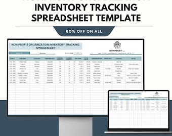 May include: A computer monitor and laptop showing a spreadsheet template for nonprofit inventory tracking. The template includes columns for item name, category, purchase date, and quantity. The text "60% OFF ON ALL" is also visible.