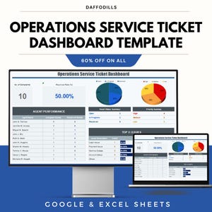 May include: A computer monitor and laptop showing an "Operations Service Ticket Dashboard Template." The dashboard features pie charts and tables with data. Text on the screen includes "60% OFF ON ALL" and "GOOGLE & EXCEL SHEETS."