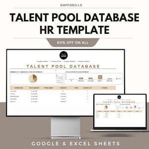 Pode incluir: Um monitor de computador e um laptop exibindo um "TALENT POOL DATABASE HR TEMPLATE". O modelo inclui gráficos e tabelas de dados. O texto "60% OFF ON ALL" está acima do modelo. As palavras "GOOGLE & EXCEL SHEETS" estão na parte inferior.