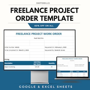 May include: A digital image of a freelance project order template on a computer monitor and laptop. The template includes fields for order number, completion date, and pricing details. The text "FREELANCE PROJECT ORDER TEMPLATE" is displayed at the top.