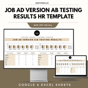 Op de afbeelding: Een computermonitor en een laptop tonen een spreadsheet met de titel "JOB AD VERSION A/B TESTING RESULTS". De afbeelding bevat grafieken en gegevenstabellen. Bovenin staat de tekst "JOB AD VERSION AB TESTING RESULTS HR TEMPLATE" en "60% OFF ON ALL."