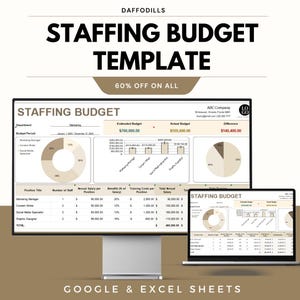 May include: A computer monitor and laptop display a staffing budget template. The template includes sections for estimated and actual budgets, with charts and tables detailing department expenses, salaries, and training costs. The text "STAFFING BUDGET TEMPLATE" is displayed at the top.