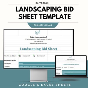 May include: A digital landscaping bid sheet template displayed on a computer monitor and laptop. The template includes fields for property details and a section for residential or commercial work. The text reads "Landscaping Bid Sheet Template" and "60% OFF ON ALL".