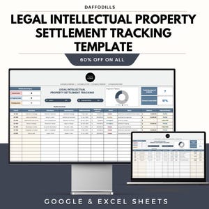 May include: A computer monitor and laptop showing a legal intellectual property settlement tracking template. The template includes data fields for case information, settlement amounts, and payment status. The text "60% OFF ON ALL" is also visible.