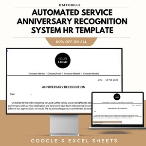 Könnte beinhalten: Digitale HR-Vorlage für die automatisierte Anerkennung von Dienstjubiläen. Das Design umfasst einen Computermonitor und einen Laptop, die ein Dokument mit dem Text "ANNIVERSARY RECOGNITION" anzeigen. Die Vorlage ist für Google & Excel Sheets.