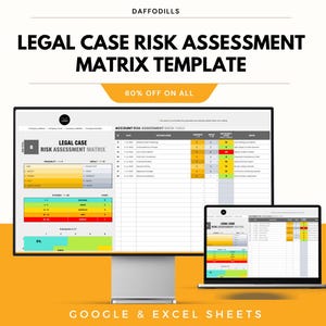 Puede incluir: Un monitor de computadora y una computadora portátil que muestran una "Plantilla de matriz de evaluación de riesgos de casos legales". La plantilla incluye una tabla de datos y una matriz de evaluación de riesgos codificada por colores. El texto en la imagen incluye "60% OFF ON ALL" y "GOOGLE & EXCEL SHEETS".