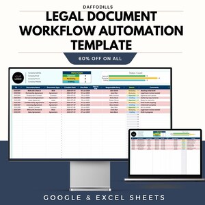 May include: A computer monitor and laptop displaying a legal document workflow automation template. The template shows a spreadsheet with data fields. Text at the top reads "DAFFODILLS LEGAL DOCUMENT WORKFLOW AUTOMATION TEMPLATE". The image also includes the text "60% OFF ON ALL" and "GOOGLE & EXCEL SHEETS".