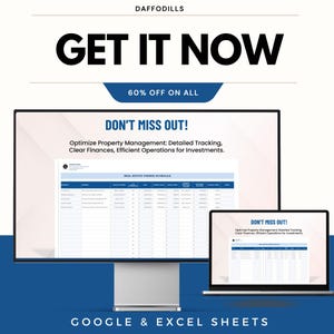 以下が含まれることがあります： 「GET IT NOW」と「60% OFF ON ALL」のテキストが入ったプロモーション画像。「DON'T MISS OUT!」と「Optimize Property Management: Detailed Tracking, Clear Finances, Efficient Operations for Investments.」のテキストも含まれています。画像には、スプレッドシートを表示するコンピューターモニターとラップトップが表示されています。
